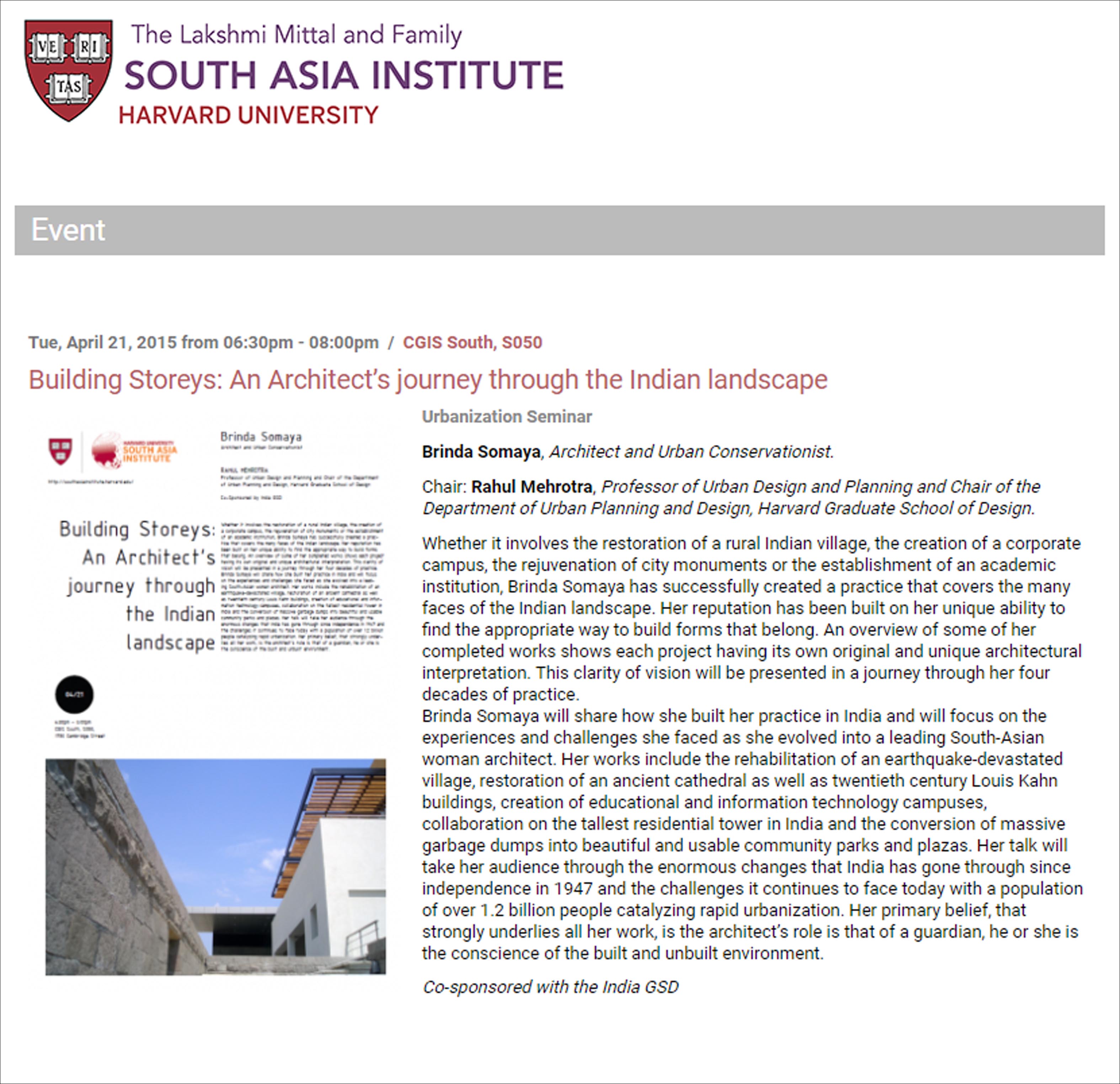 Building Storeys: An Architect's journey through the Indian landscape,the Lakshmi Mittal and Family South Asia Institute harvard University - April 2015